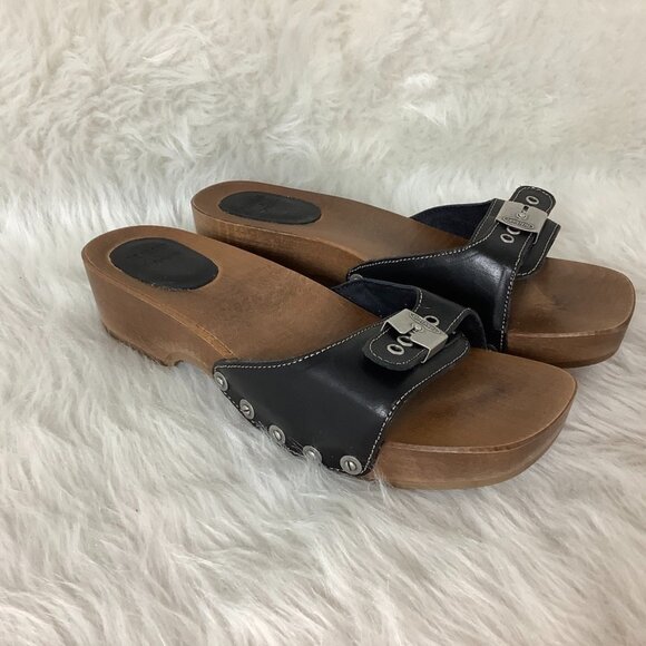 Re/Done x Dr. Scholl's Black Leather Wood Sole Slide Clog Sandals - Picture 1 of 8